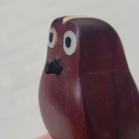 Hand Carved Wooden Owl Sitting on a Log with Inlayed Eyes Wing and Top of Head - Picture 9 of 10